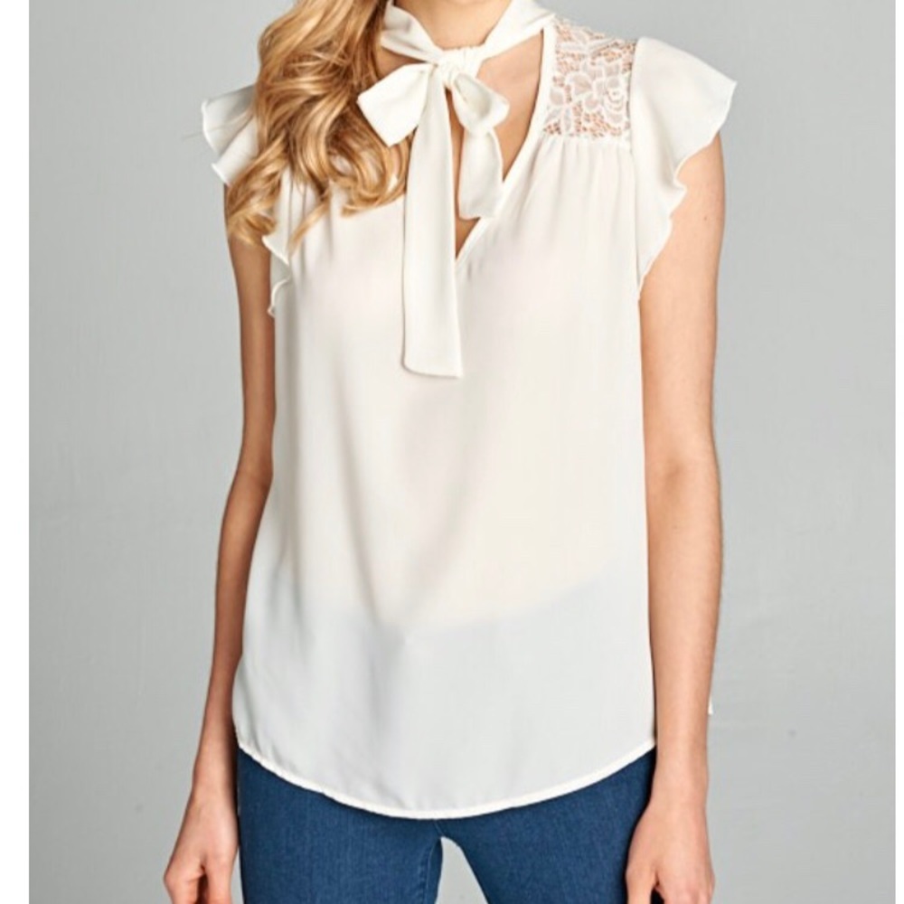 White lace tie neck top